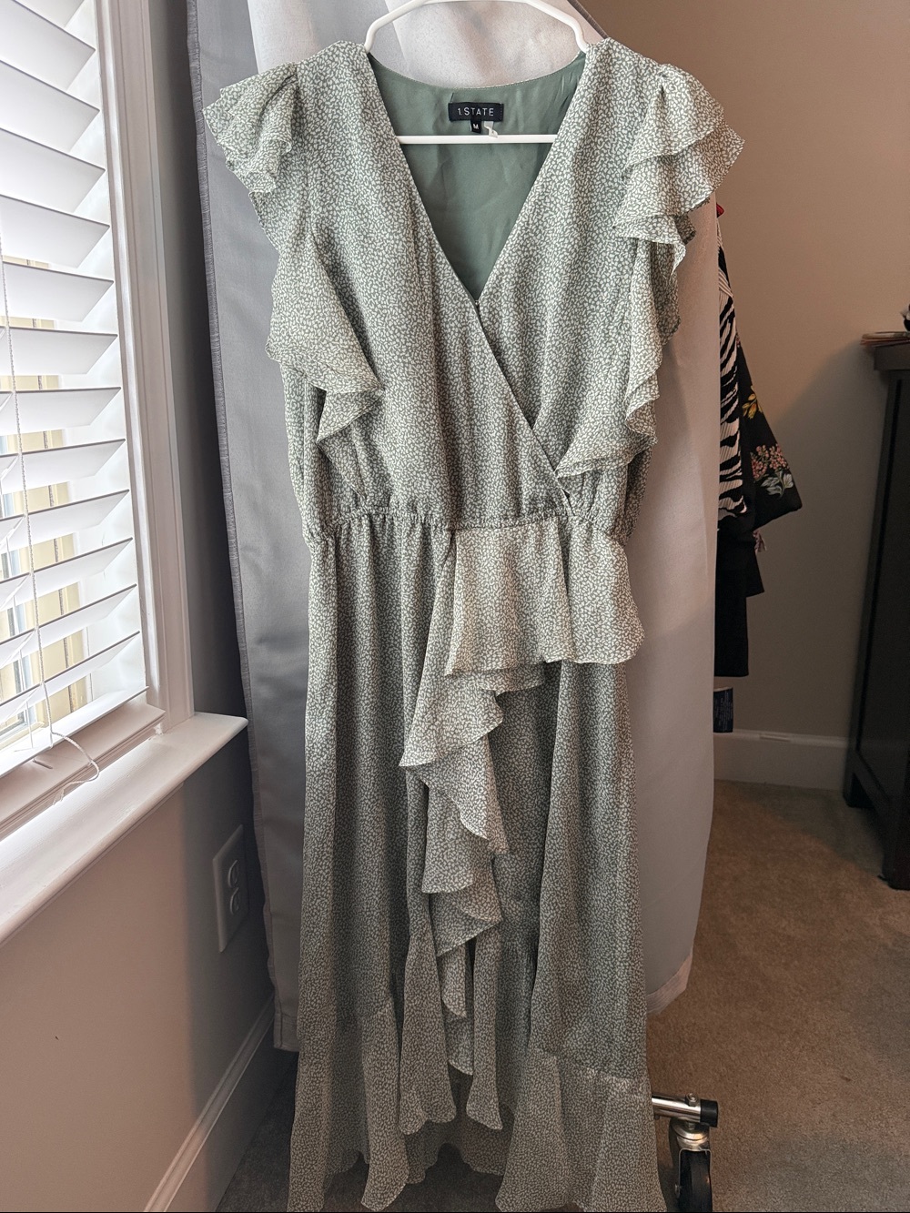 1. State Light Sage Ruffle Wrap High-Low Dress